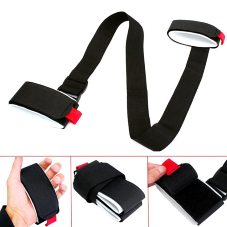 Black nylon fixed strap with gray pads and red end tab, angled view