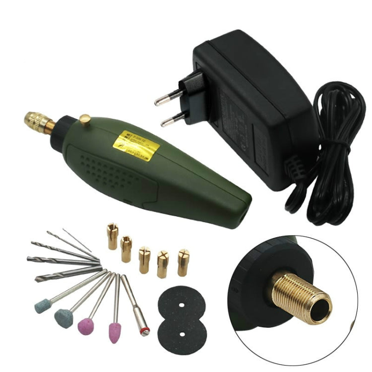 Electric mini drill set tool with power adapter, bits, and sanding discs