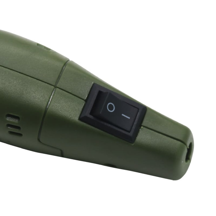 Green mini drill tool showing side power switch with on/off markings