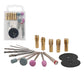 Electric mini drill set accessories in a clear case: bits, discs, and sanding heads