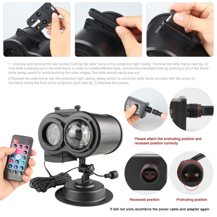 LED water-wave projector lamp with remote and hands adjusting the slide frame