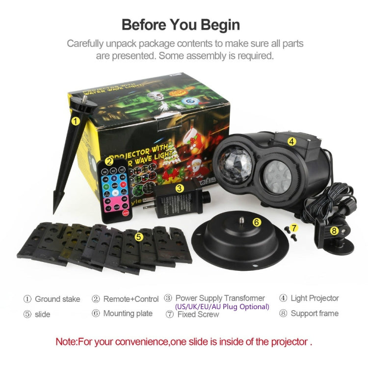 LED water-wave projector lamp kit with remote, power adapter, ground stake, and mounts