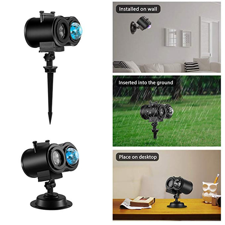 Black LED water-wave projector lamp shown mounted on wall, ground, and desktop