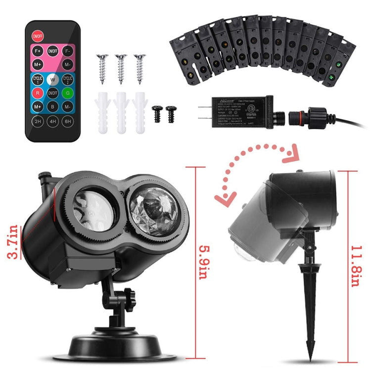 RGBW LED water-wave projector lamp with remote, power adapter, screws, and dimensions