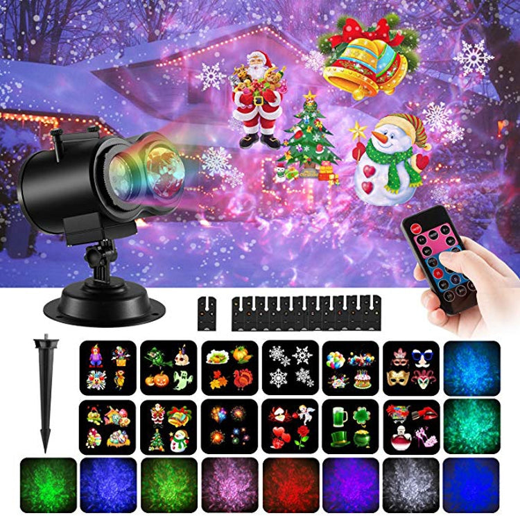 Black RGBW LED projector light with remote, ground stakes, and pattern lenses