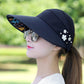 Women's wide-brim sun hat, black with white flower applique and rhinestones