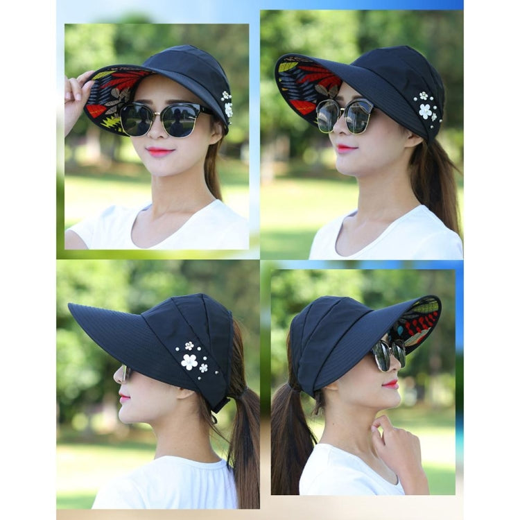 Women's wide-brim sun hat collage, black with white flower applique and studs