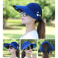 Women's wide-brim sun hat, blue with white flower studs