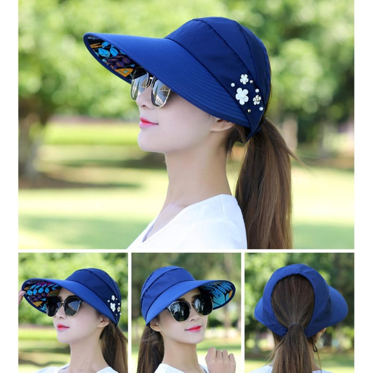 Women's wide-brim sun hat, blue with white flower studs