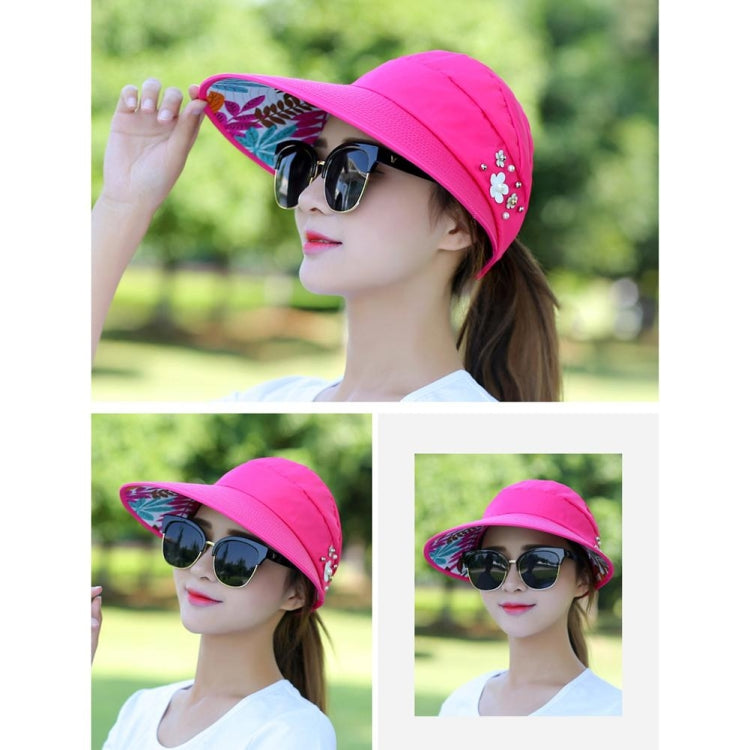 Women's wide-brim sun hat, bright pink with floral embroidery and flower studs