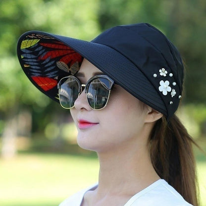 Women's wide-brim sun hat, black with white flower studs