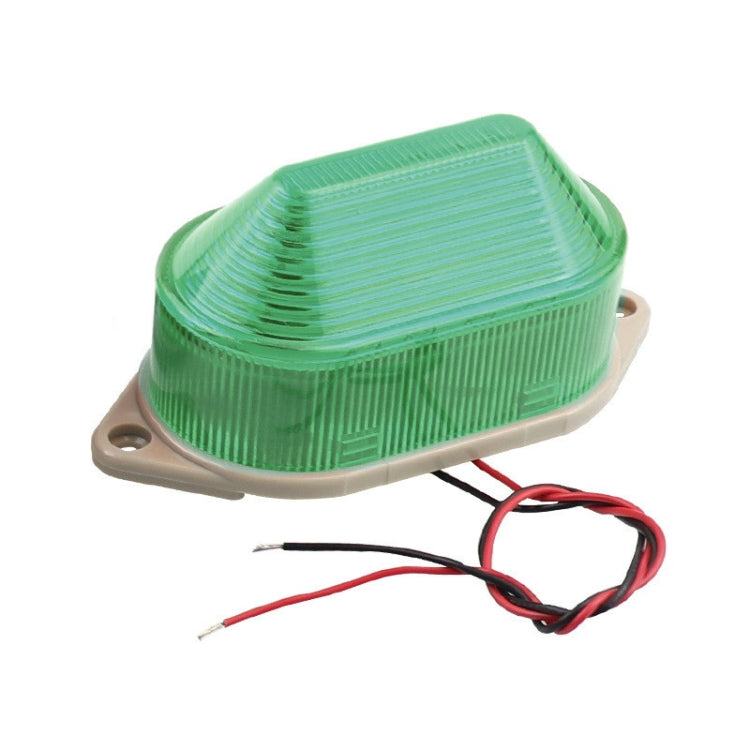 Green LED mini strobe warning light with mounting base and wiring leads