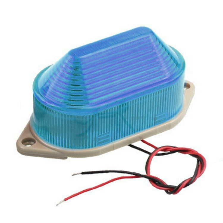 Blue LED mini strobe warning light with gray base and red/black wire leads