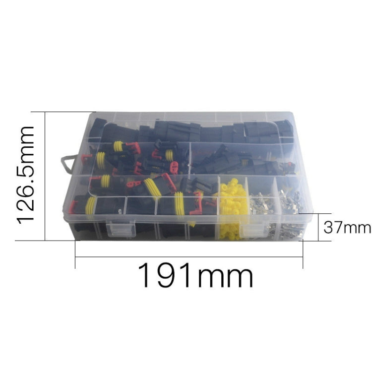 Waterproof cable connector assortment in clear organizer box with yellow and red inserts