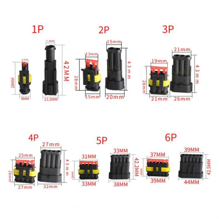Car connector terminals size chart: black housings with yellow and red seals