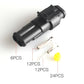 Black waterproof cable connector with silver crimp pins and yellow cap seal