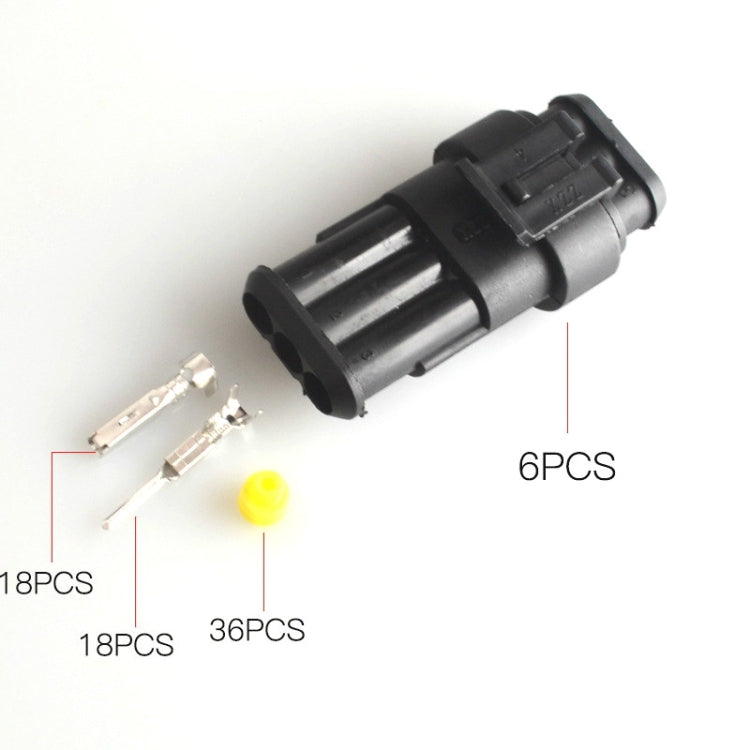 Black waterproof cable connector with silver terminals and yellow cap seal, side view