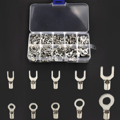 Barrel wiring fork terminals and ring terminals set with transparent storage case