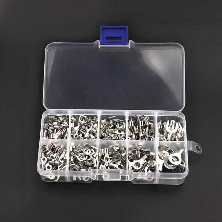 Box of bare fork and ring electrical terminals in clear plastic organizer