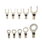 Assorted U-shaped fork and ring electrical terminals, shiny silver metal