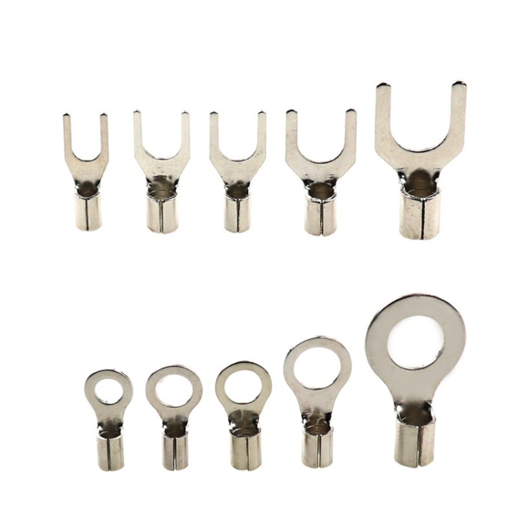 Assorted U-shaped fork and ring electrical terminals, shiny silver metal