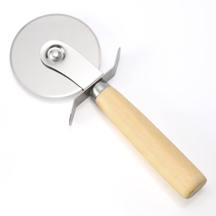 Stainless pizza wheel cutter with light wood handle and three-prong guard