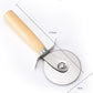 Pizza cutter with round stainless wheel, fork guard, and wood grip handle