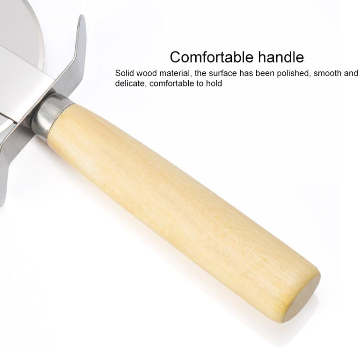 Wood-handled stainless pizza cutter with curved metal wheel mount