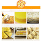 Multi-use pizza cutter wheel with wooden handle shown in multiple food prep styles