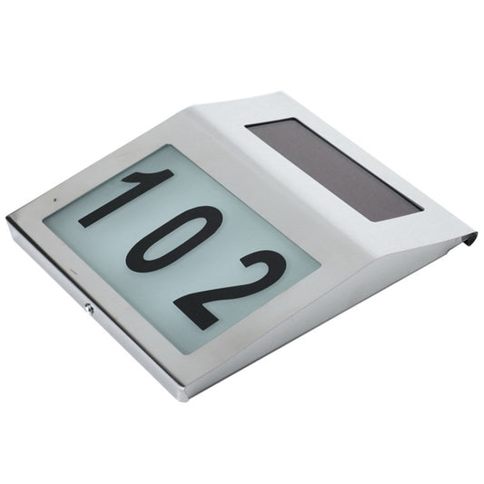 Outdoor solar house number wall light with “102” digits and stainless steel housing