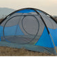Blue and grey dome camping tent with attached pole framework