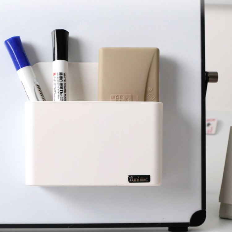 White magnetic pen holder with open front, holding pens and markers