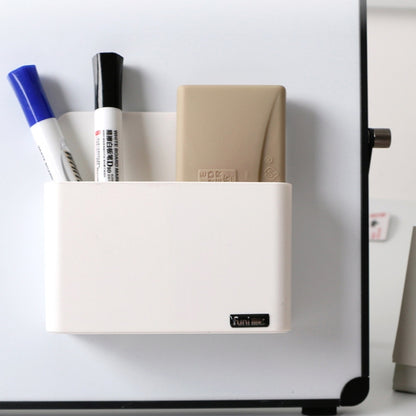 White magnetic pen holder with open front, holding pens and markers