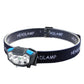 USB rechargeable waterproof sensor headlamp, black strap with blue buttons on front