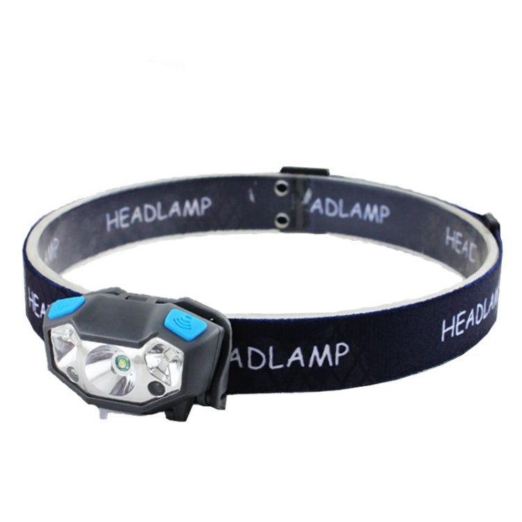 USB rechargeable waterproof sensor headlamp, black strap with blue buttons on front