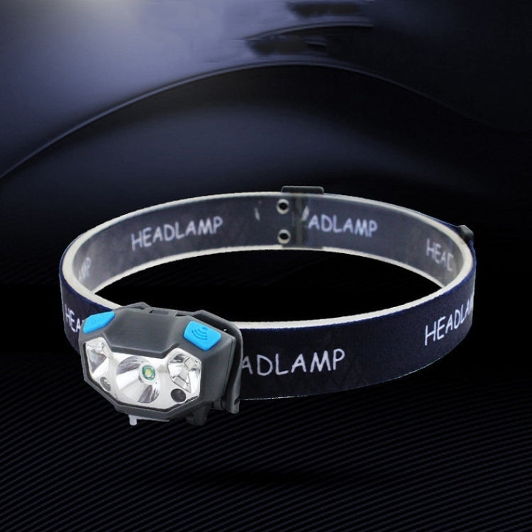 USB rechargeable waterproof sensor headlamp front with black strap and dual LED lenses