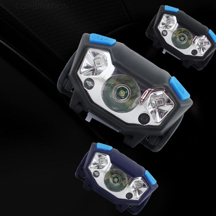 Multiple USB rechargeable headlamps showing dual-lens fronts with blue button controls