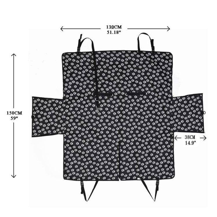 Black pet car seat cover hammock with white paw print, size diagram 130x150x38cm