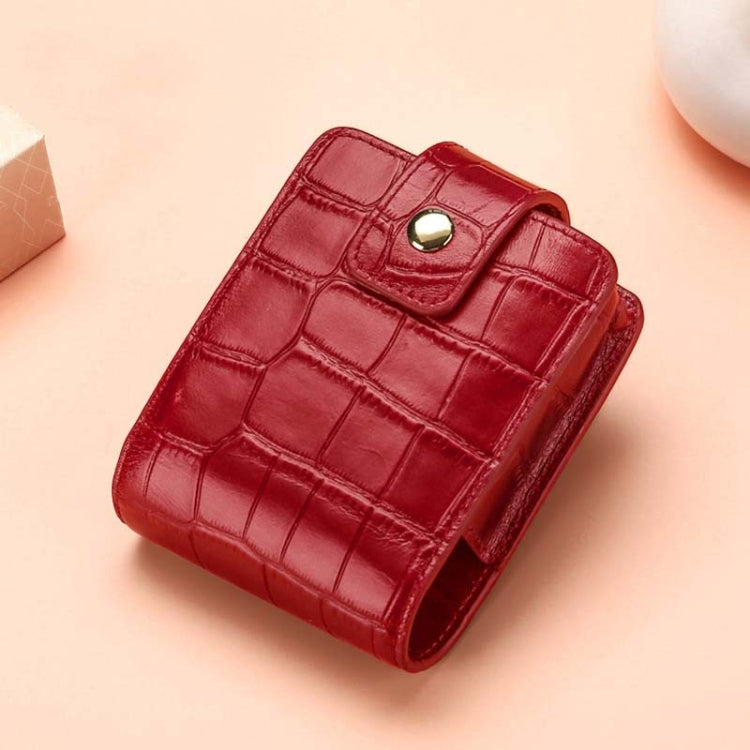 Red wine croc-pattern lipstick bag with flap and round snap closure