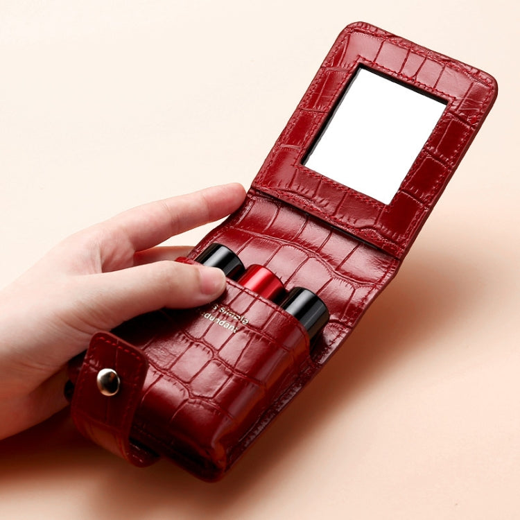 Red wine croc-pattern makeup bag with mirror window and lipstick compartments