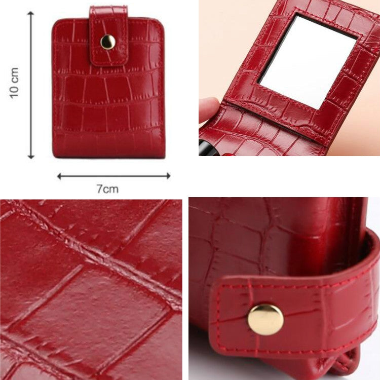 Croc-pattern lipstick bag with mirror window, snap closure, and size diagram