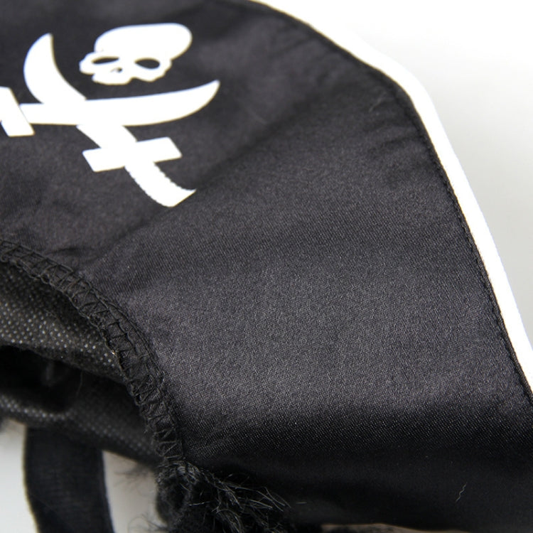 Black pirate hat fabric with white skull-and-crossed-swords emblem and stitched edge trim