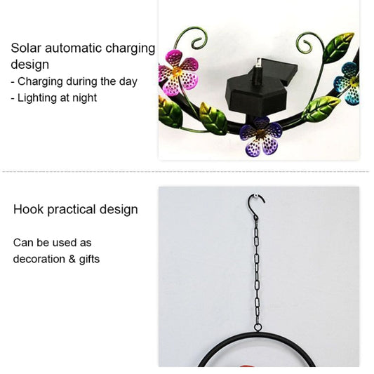 Hanging solar owl garden LED light with chain and black solar panel, floral details