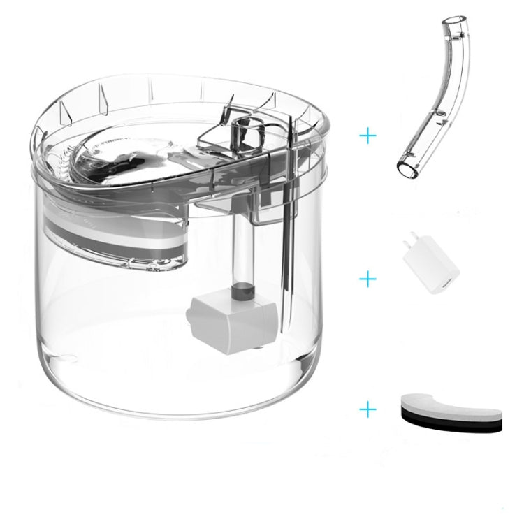 Transparent pet fountain with top reservoir, pump unit, tubing, and plug components