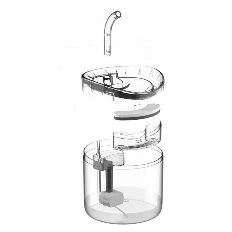 Transparent pet water fountain with curved spout and internal pump, outlet components shown