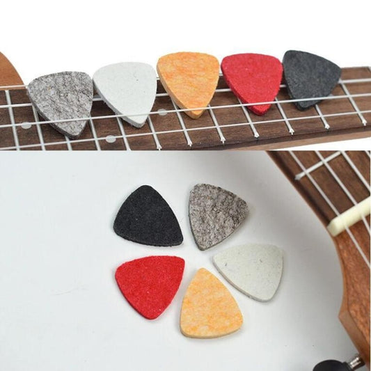 Assorted wool felt ukulele picks, triangle set in red, orange, gray, white, black