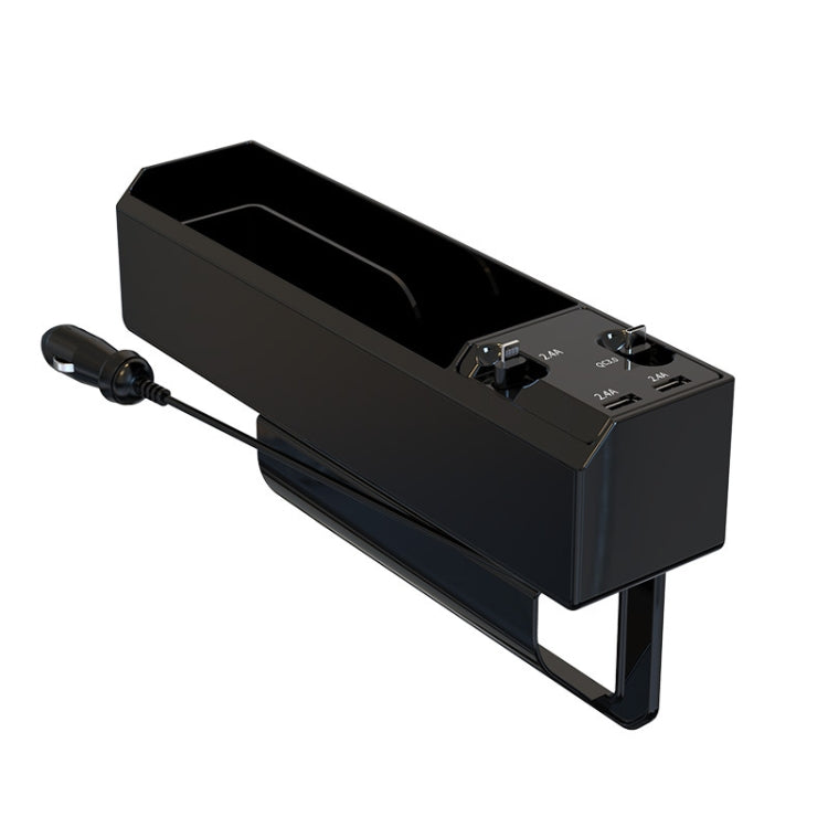 Black car seat storage box with built-in USB ports and cable plug connector