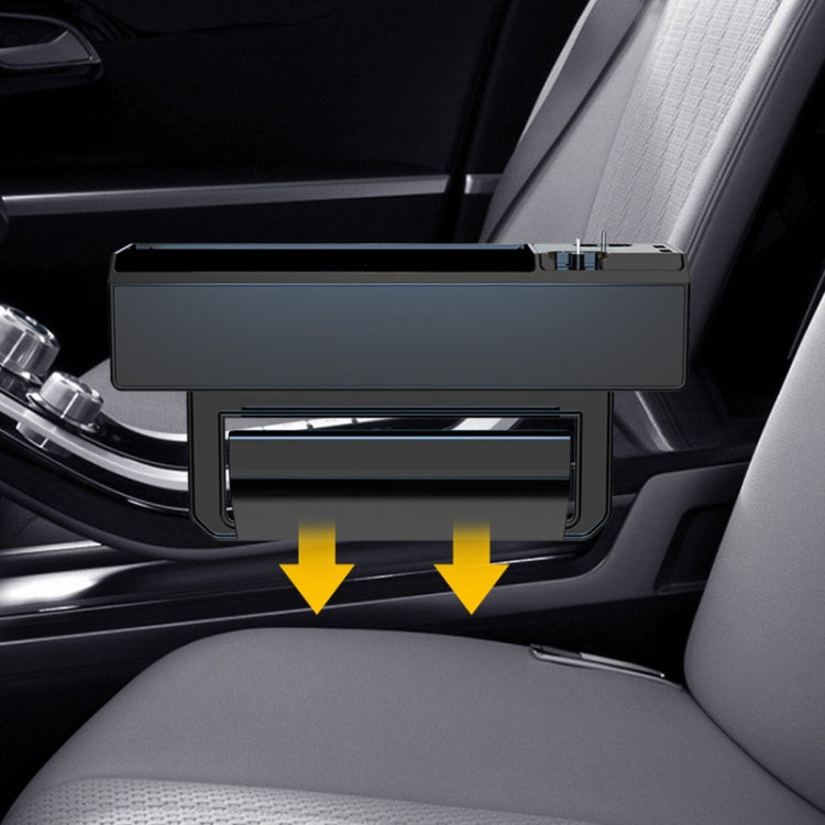 Car seat storage box with front open compartment for cables and charging