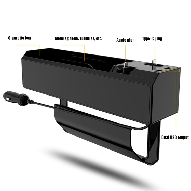Black car seat storage box with dual USB ports and side cable plug