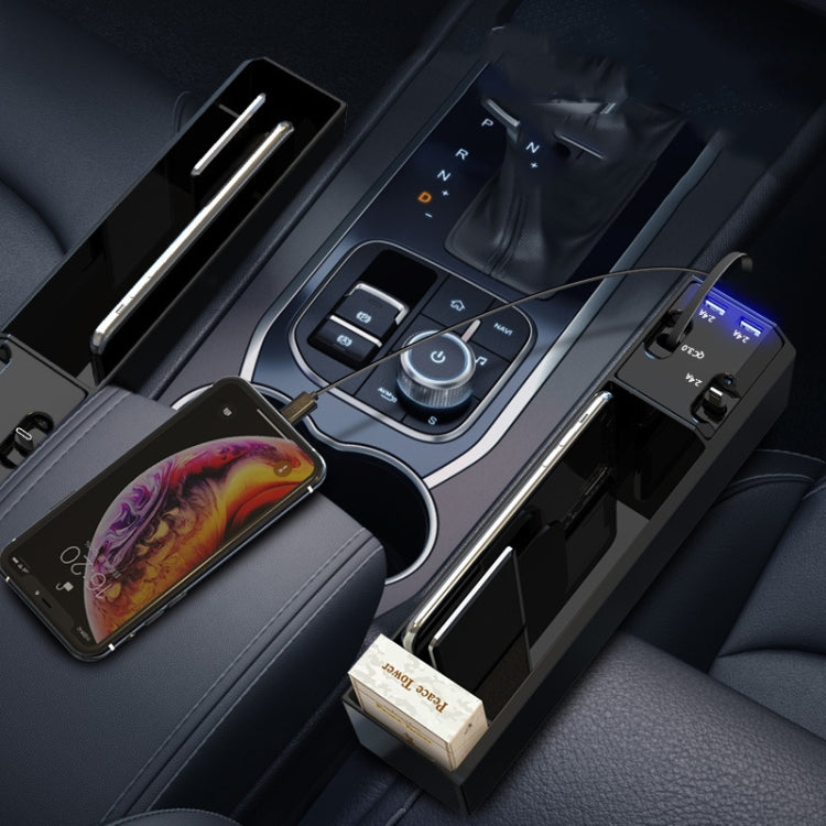 Black car seat storage box with USB charger ports and open organizer tray